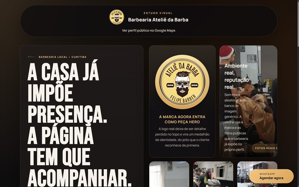 Página da Barbearia Ateliê da Barba: fundo escuro, título em tipografia condensada, o logo dourado da barbearia e fotos reais do salão.