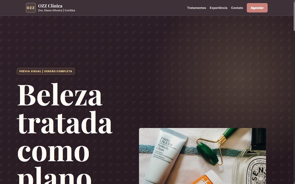 Página da OZZ Clínica na versão completa, com tipografia serifada e seções detalhando cada procedimento.