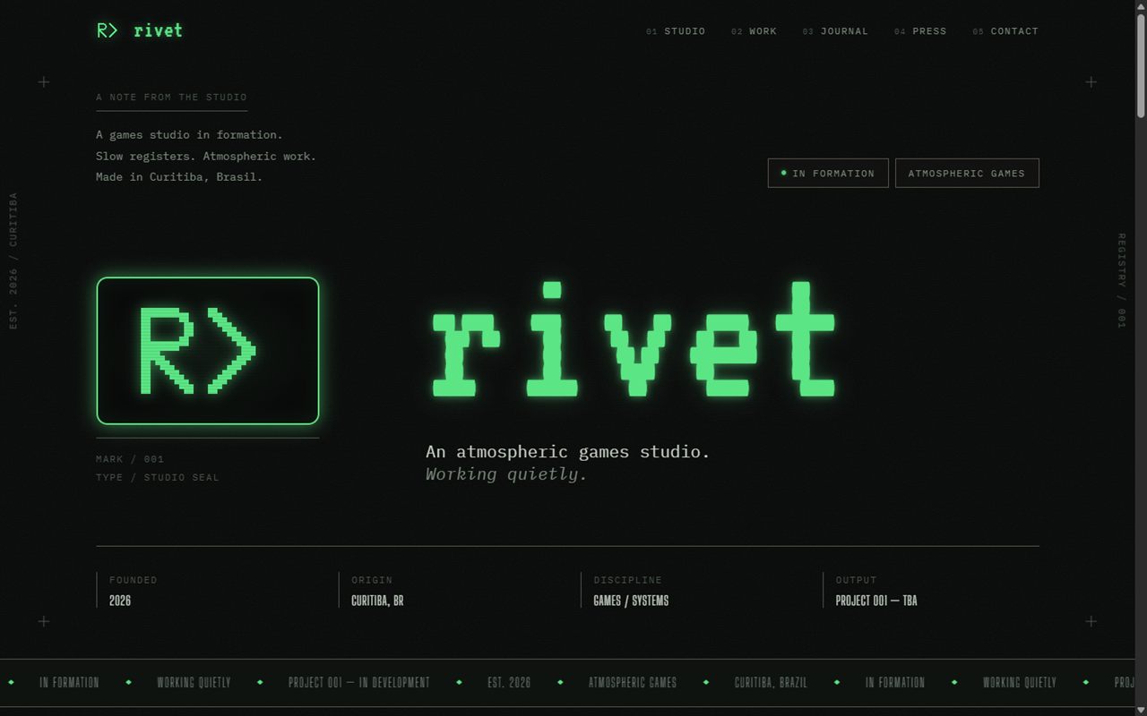 Site da Rivet Games mostrando o wordmark do estúdio e uma tabela com dados de fundação, origem e disciplina.